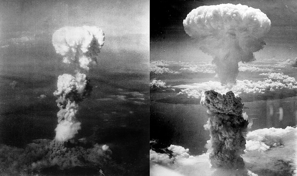 Atomic mushroom clouds over Hiroshima and Nagasaki